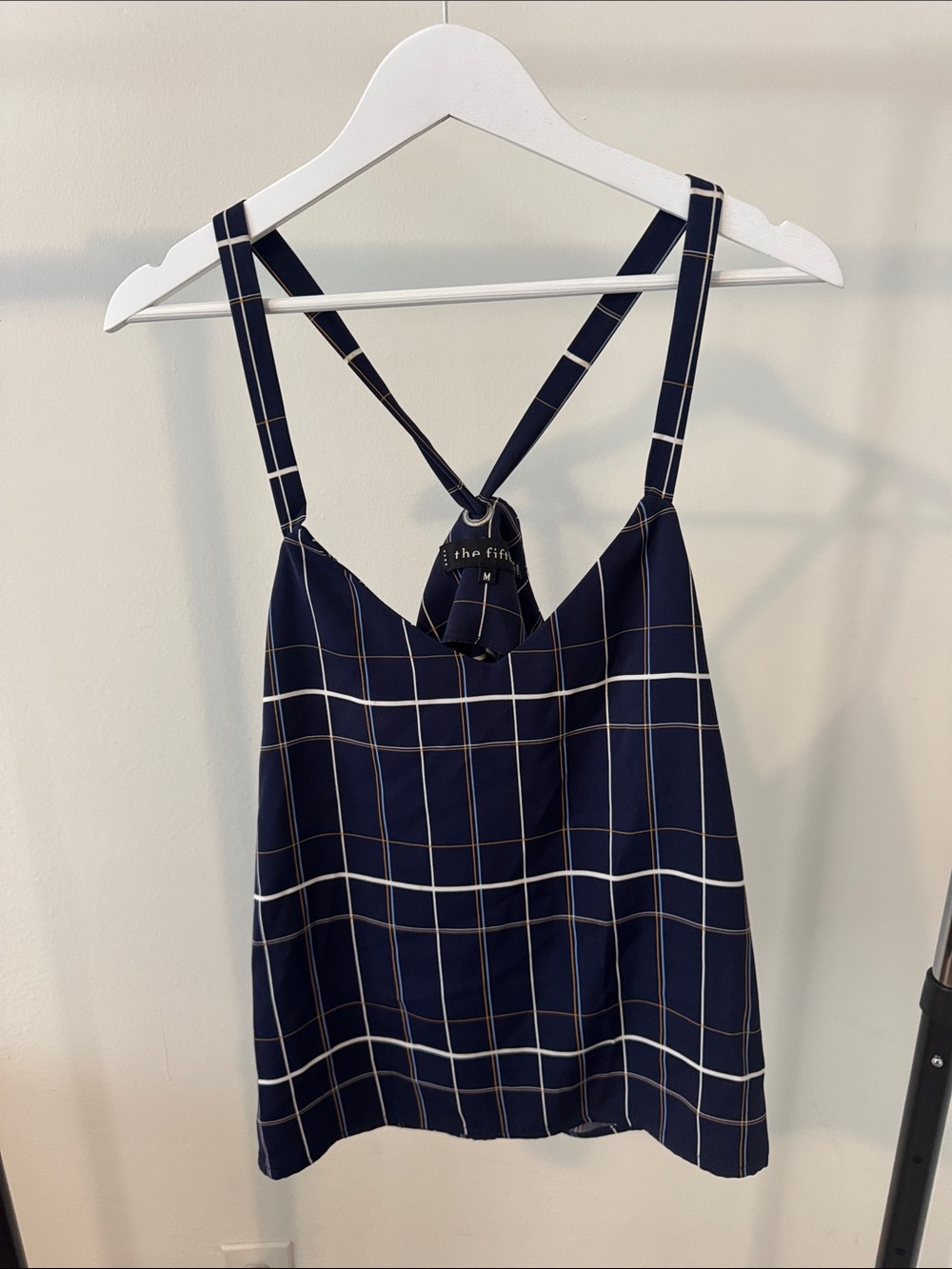 The Fifth Label Navy and White Windowpane Strapless Top